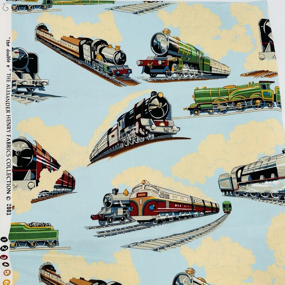 2003 Alexander Henry Fabrics Locomotives Trains "the double e" OOP 56" x 40"